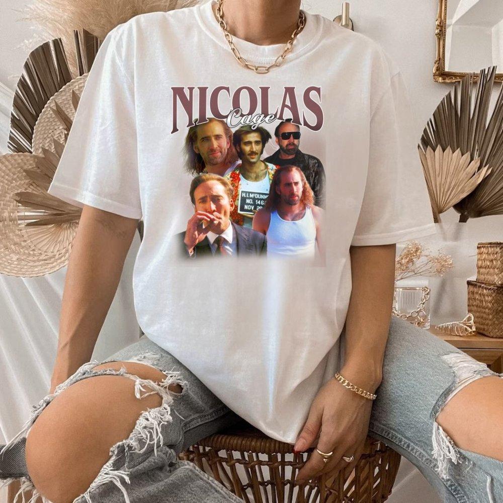 Graphic Design White Tee, Nicolas Cage Crewneck Cotton Tee Shirt